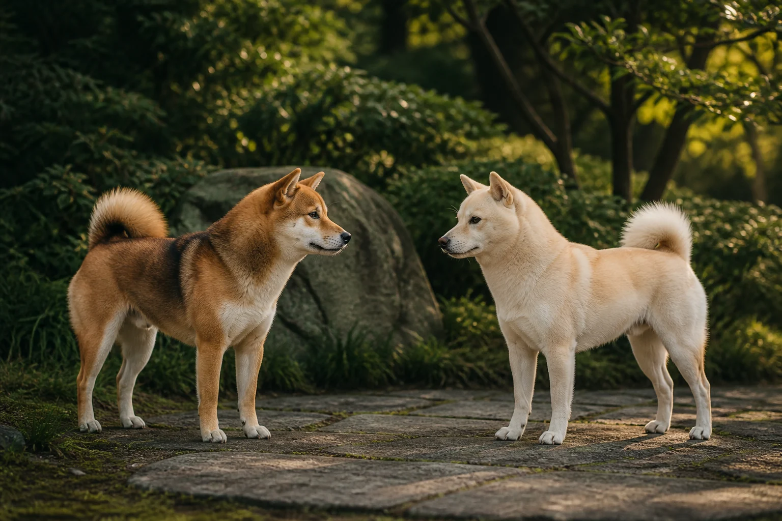两只成年柴犬在安静的公园保持距离相互观察